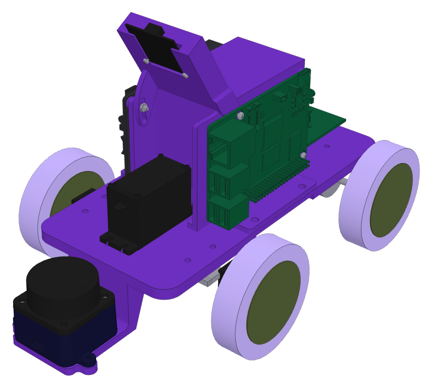 El coche armado: placa, ruedas, servo, caja, Raspberry Pi, LiDAR y cámara